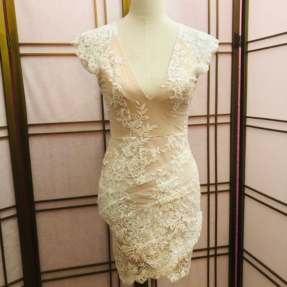 Angel Biba dress. Bodycon nude & lace tulip hem